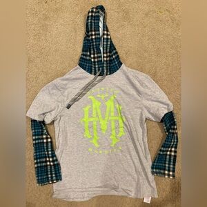 NWT Men’s Disney Gray Haunted Mansion Shirt with Blue Plaid Sleeves and Hood